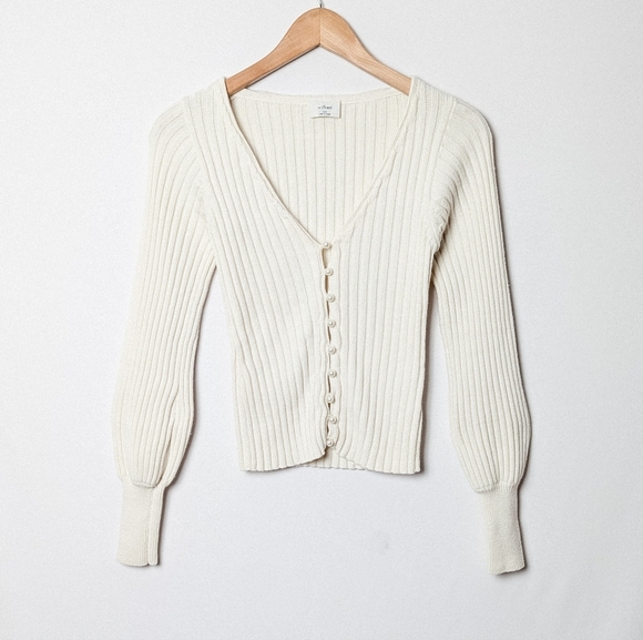 WILFRED Pearl Cardigan Sweater Oak White Ribbed Wool Cotton XXS ARITZIA - Picture 6 of 12